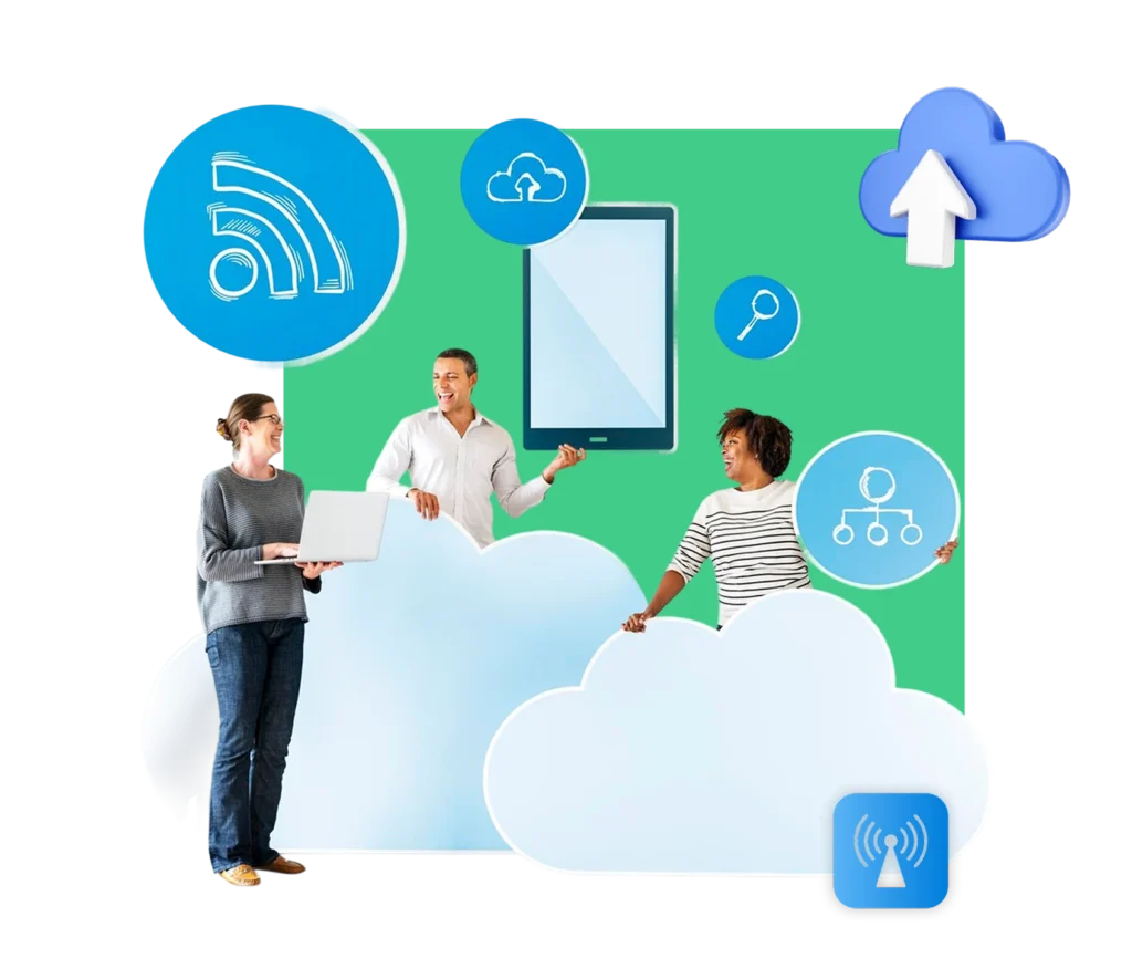 People interacting with cloud technology icons representing the benefits of cloud telephony such as scalability, integration, and wireless connectivity.