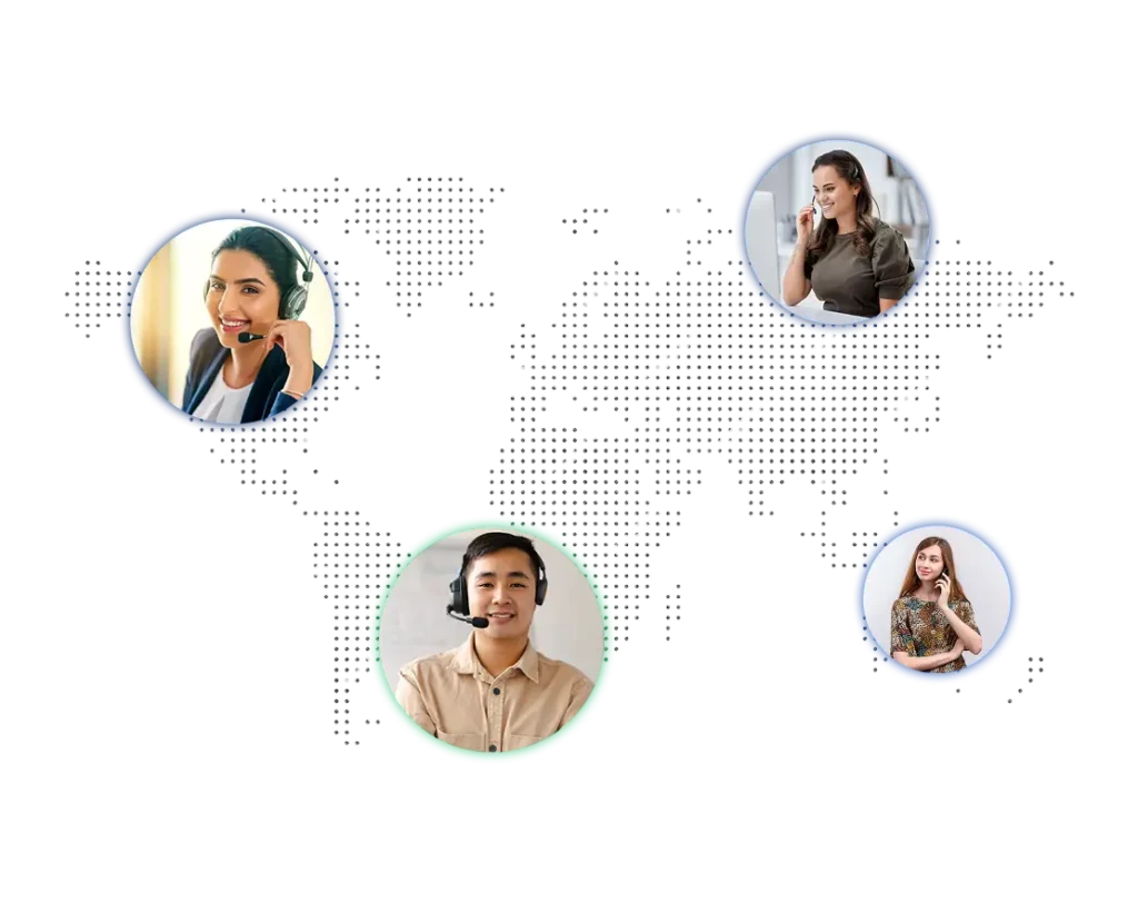 Dialinger offer Auto Call Recording feature showing diverse professionals on a world map