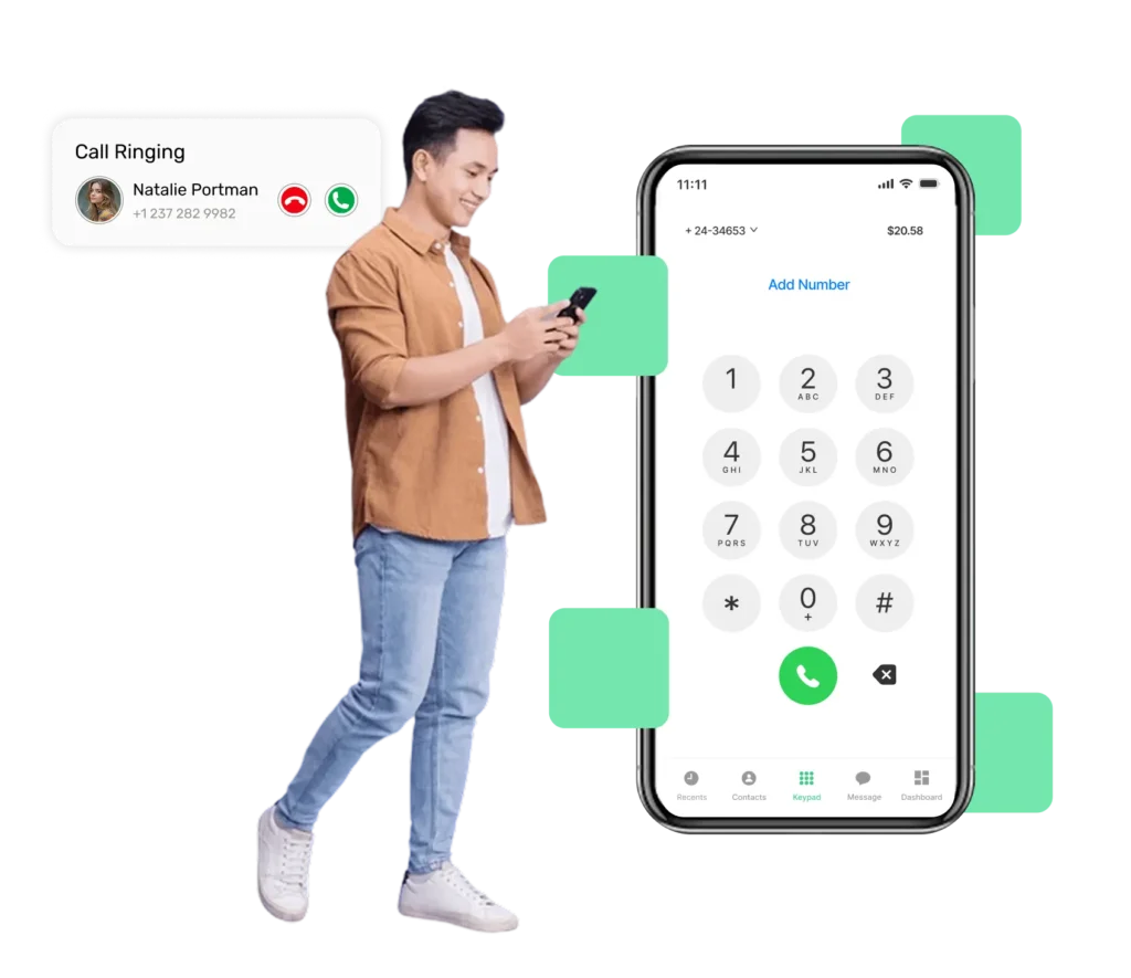 Man using Dialinger app on smartphone with call forwarding interface and incoming call notification