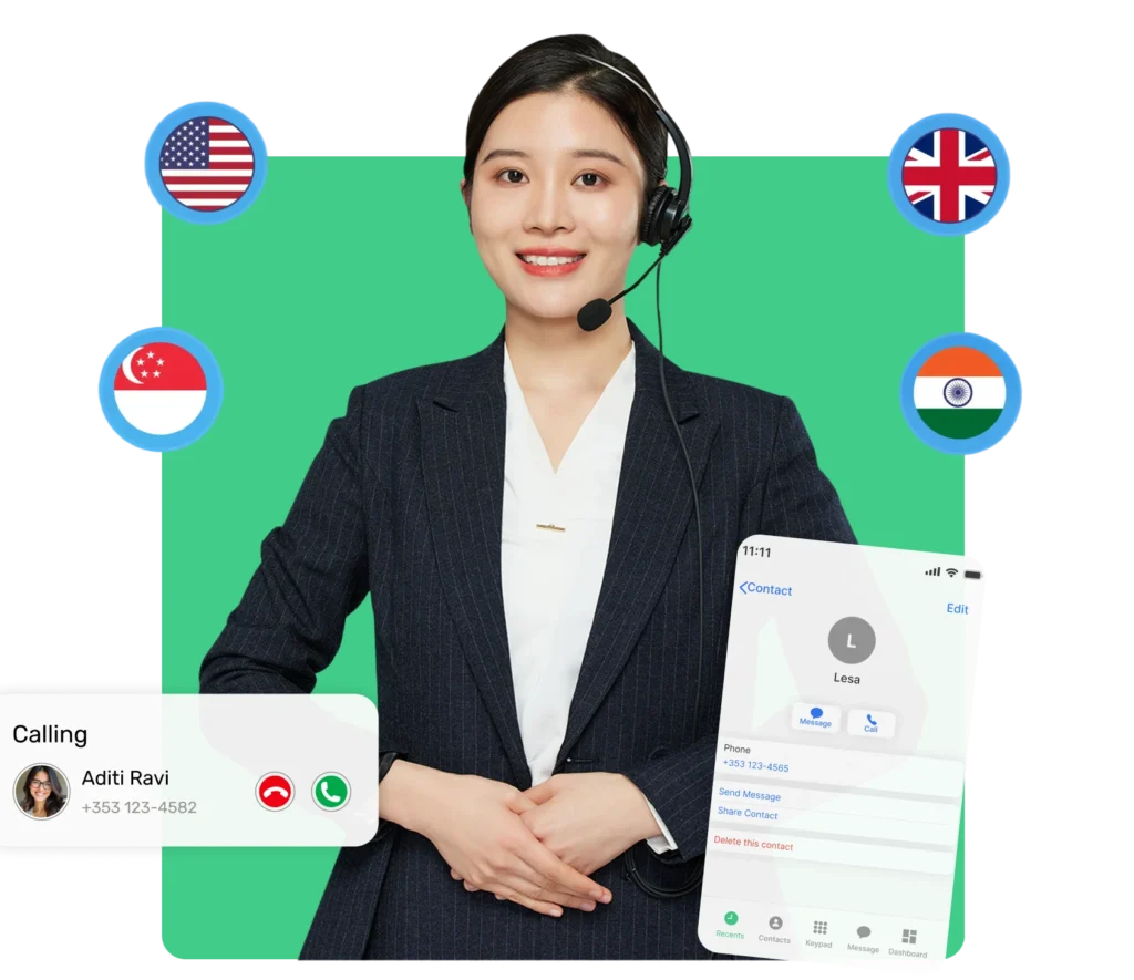 Smiling customer support representative with headset surrounded by international flags and global VoIP calling interface
