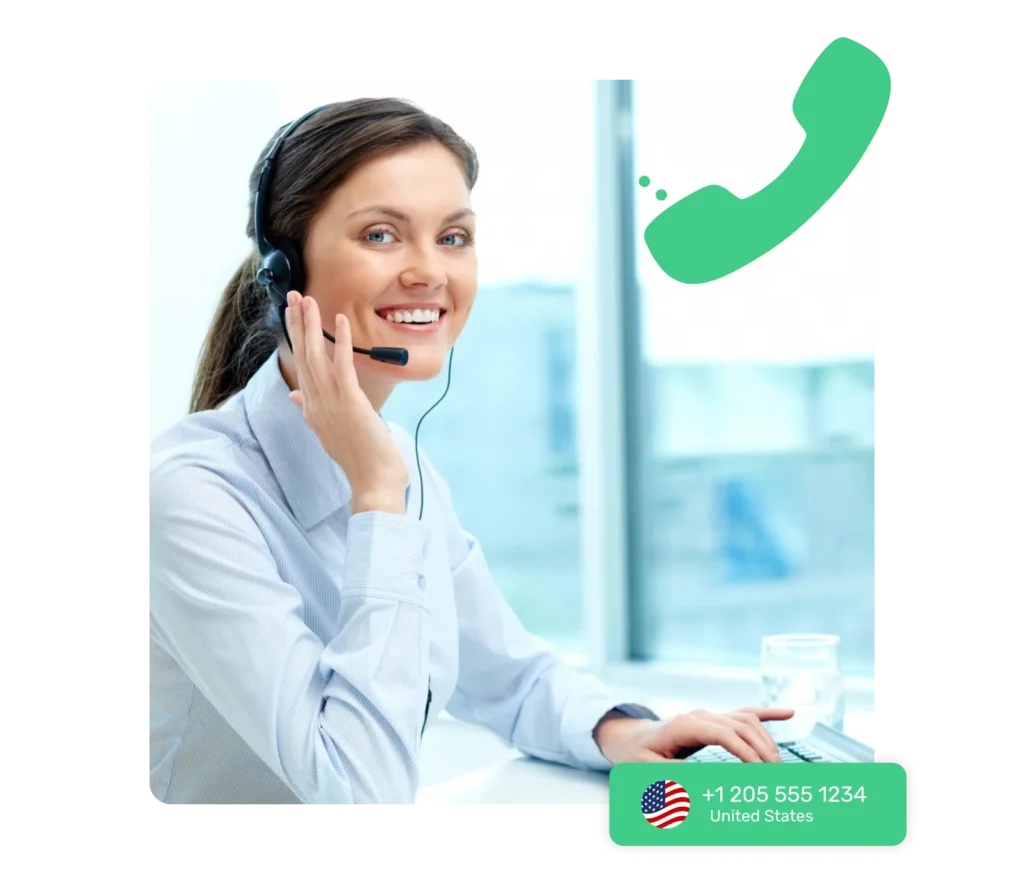 Customer service agent using Unified Callbox to manage calls, SMS, MMS, and voicemail with a U.S. contact number visible.