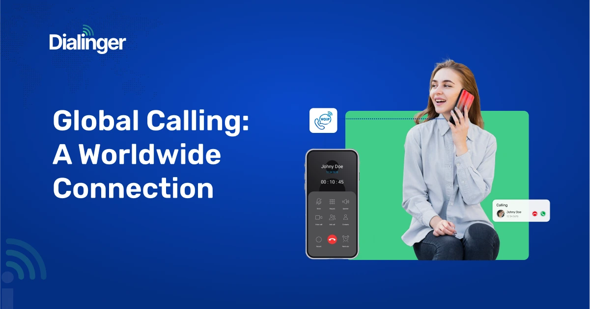 Woman using Dialinger app for global calling with VoIP technology on smartphone.