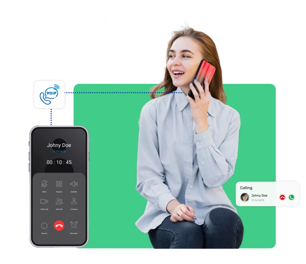 Smiling woman using a smartphone with global calling app interface, illustrating seamless international communication via VoIP.