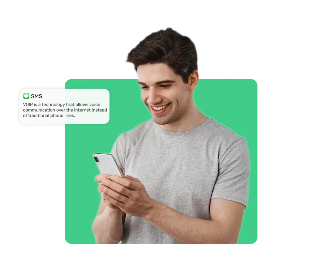 Man smiling while using a mobile phone for SMS communication via Dialinger's text messaging platform.