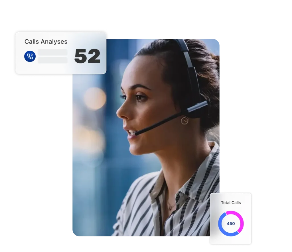 Customer service agent using a headset with call analytics metrics displayed, representing AI-powered call insights by Dialinger