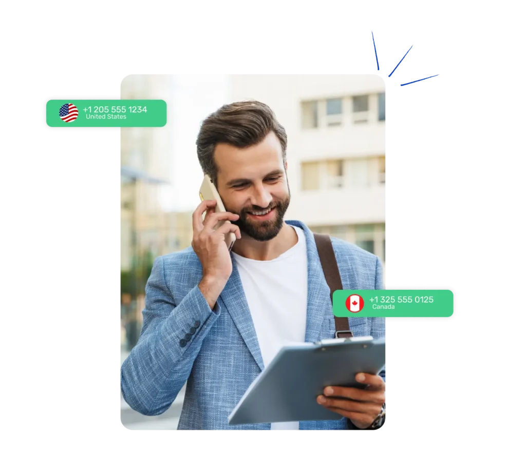 Businessman using AI-powered call routing on mobile device with virtual SIM numbers.