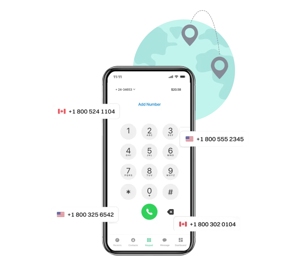 Smartphone showing Dialinger Virtual SIM integration with global phone numbers for CRM and app use.