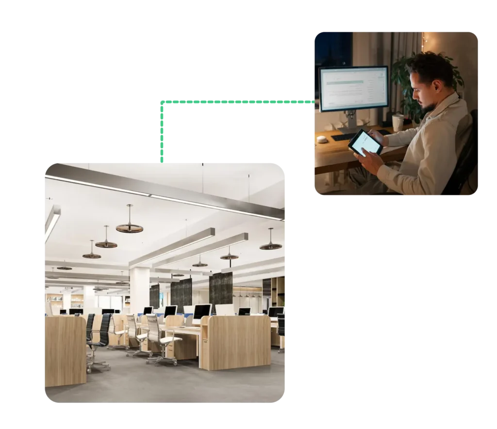 Remote worker using a tablet connected to a modern office network through a Data-Only eSIM Remote Work by Dialinger.
