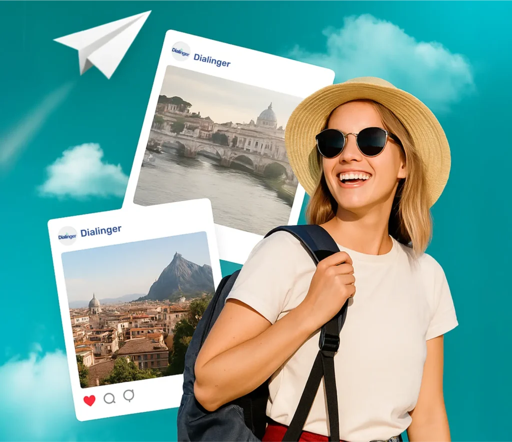 Smiling woman traveler with backpack and sunglasses in front of scenic postcards and cloud background promoting international travel eSIM connectivity.