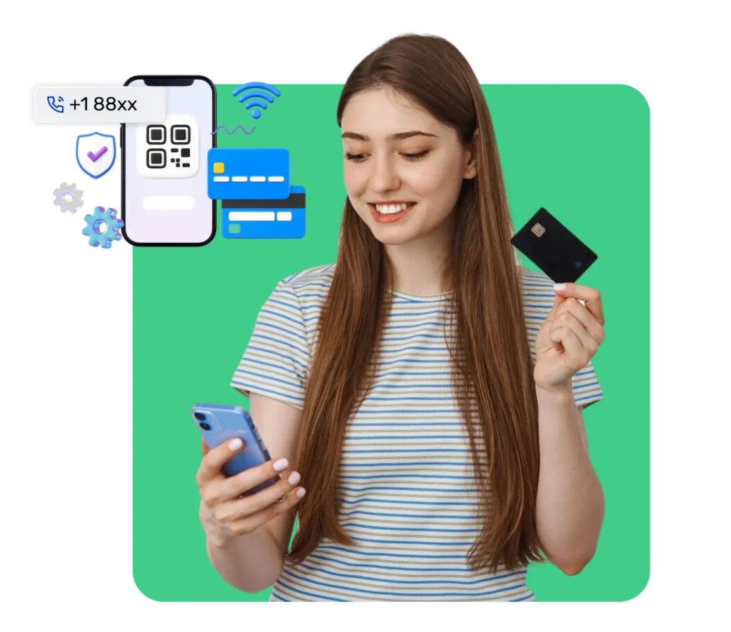 Young woman using smartphone and credit card to access international eSIM service for global data connectivity.