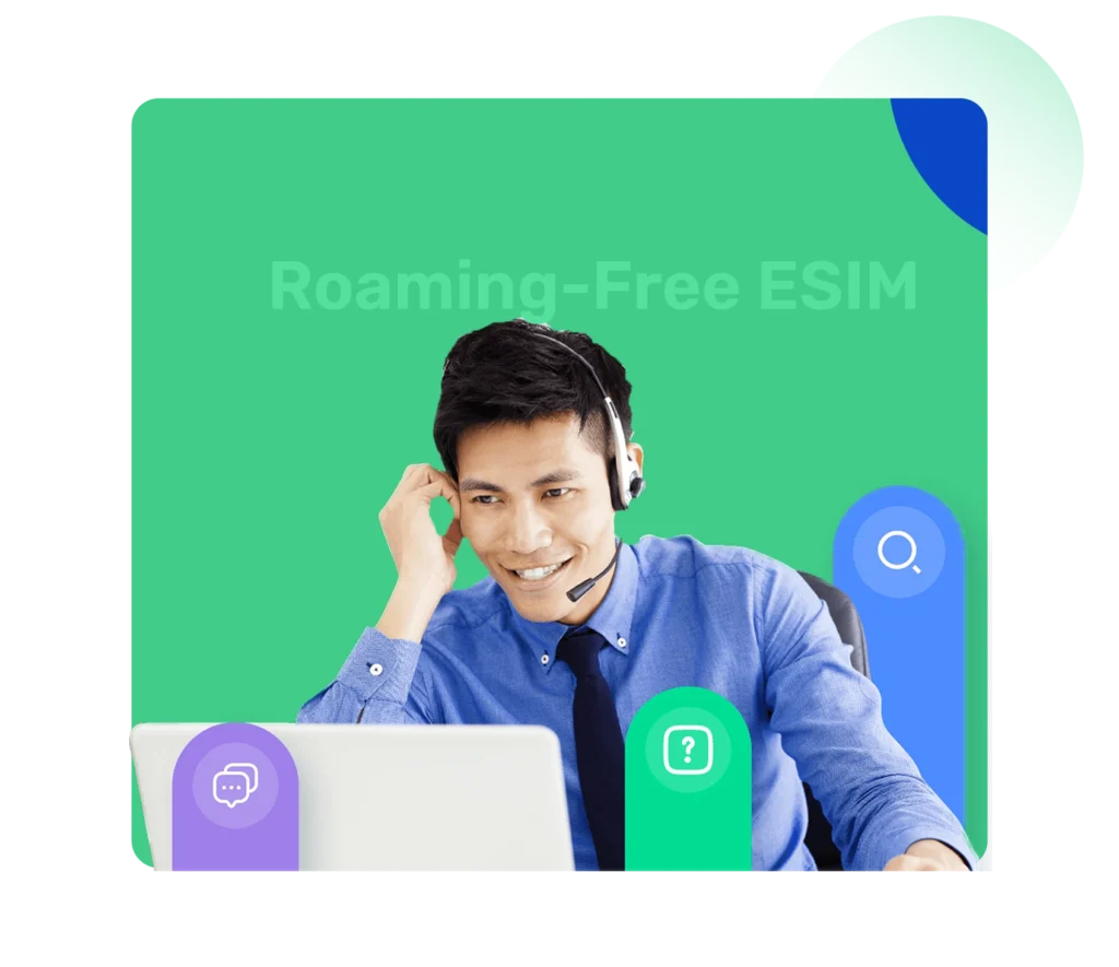 Smiling man using headset and laptop, promoting Roaming-Free eSIM with global data access at local rates.
