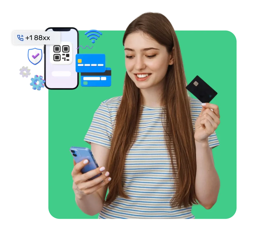 Smiling woman using a mobile phone with toll-free number interface, representing easy and cost-free brand communication.