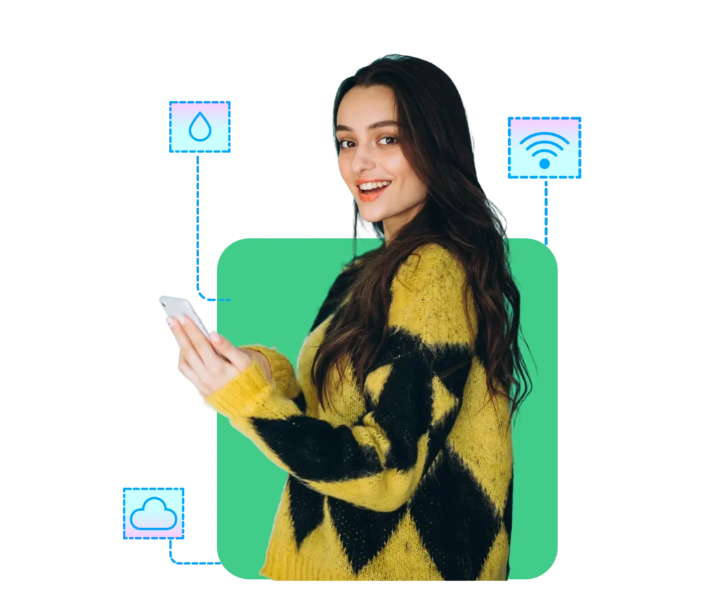 Woman using smartphone with smart device icons representing IoT connectivity by Dialinger.