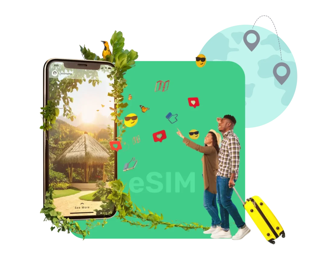 Tourists viewing a digital map on a smartphone with travel icons, representing regional eSIM services for seamless mobile connectivity.
