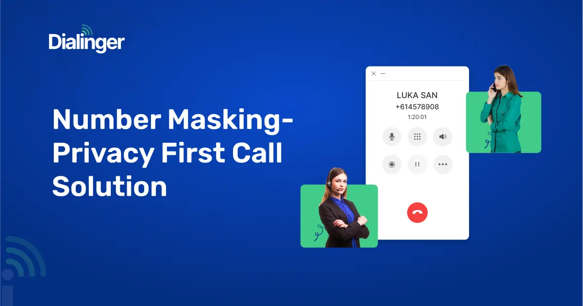 Call screen interface showing number masking during a conversation between two women, promoting Dialinger’s privacy-first VoIP solution.