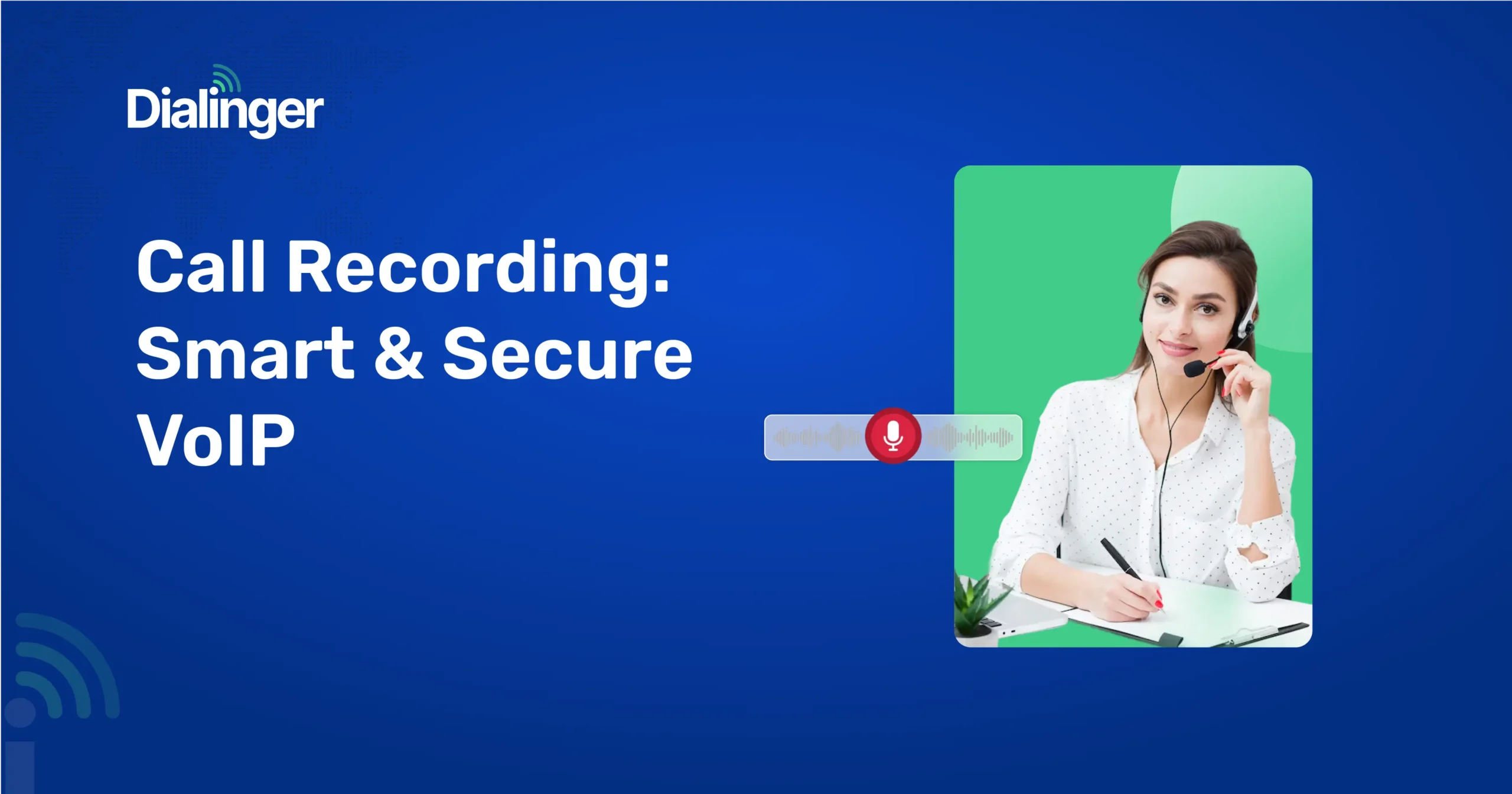 Professional woman recording a VoIP call while taking notes during a conversation.
