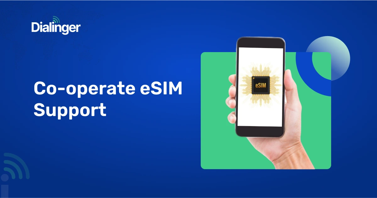 Hand holding a smartphone with an eSIM chip graphic on the screen, set against a modern blue and green abstract background, representing Dialinger's co-operate eSIM support.