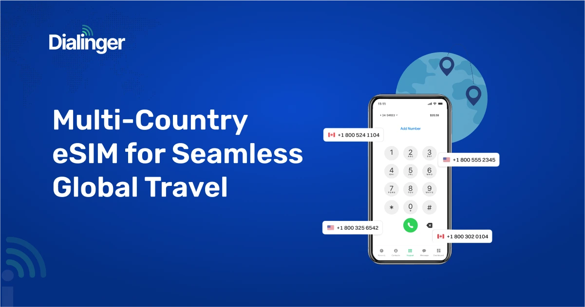 Smartphone screen displaying multiple international virtual phone numbers with a globe and location icons in the background, promoting Dialinger's Multi-Country eSIM for global travel.