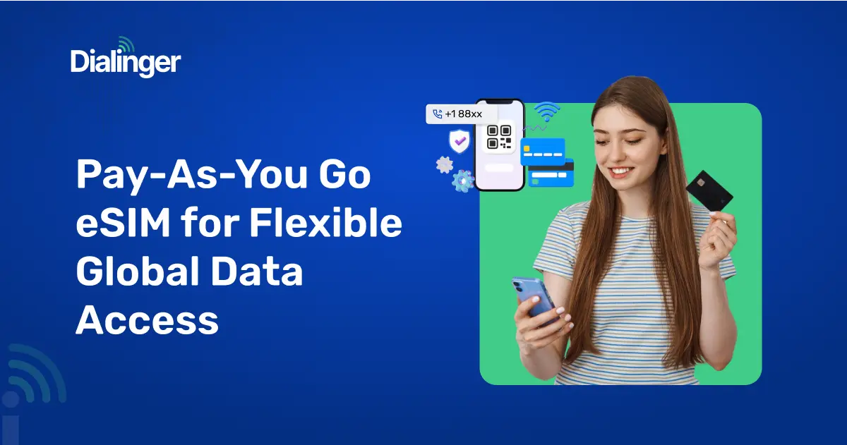 Young woman using phone with Dialinger pay-as-you-go eSIM for global data access and online payment