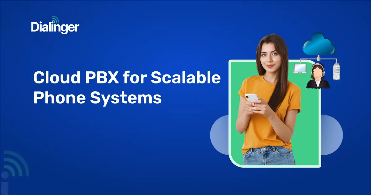 User exploring cloud PBX options on a smartphone with illustrated virtual network and communication tools in the background.