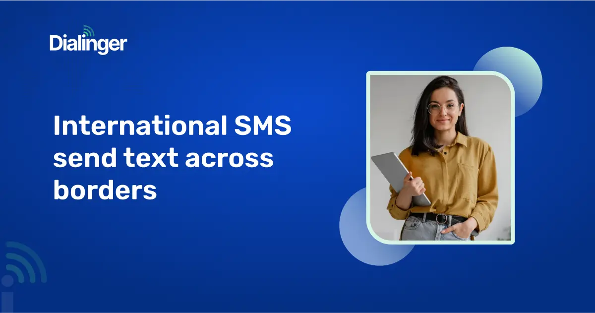 Smiling woman with tablet, illustrating global text communication.