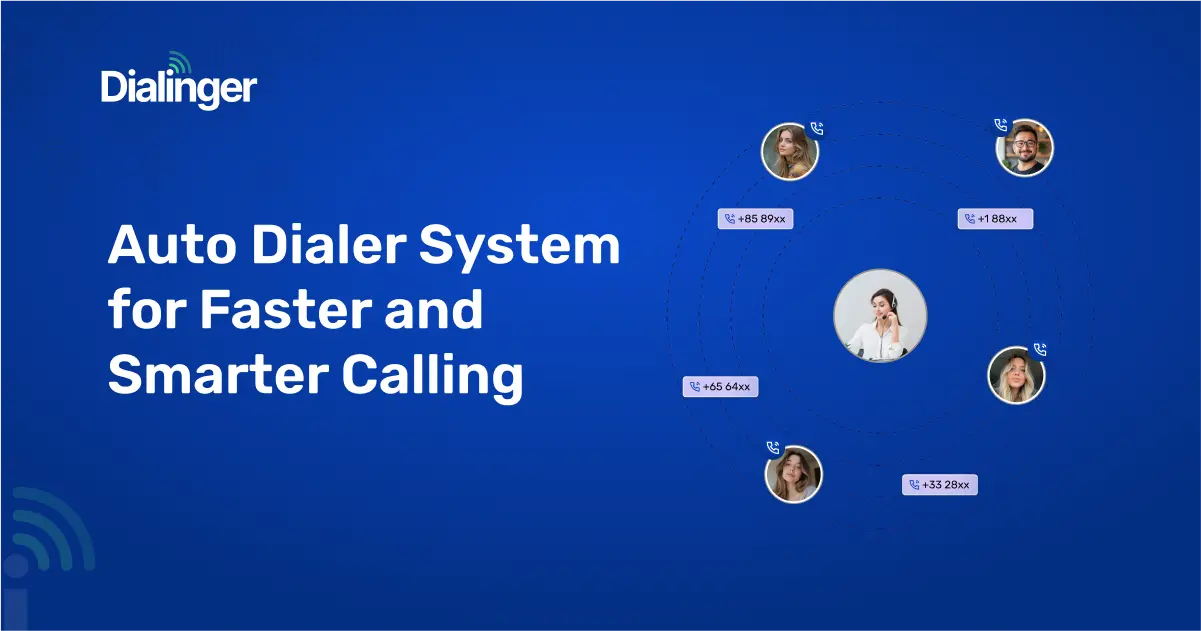 Dialinger auto dialer system illustration with agent connecting to multiple global callers for faster communication.