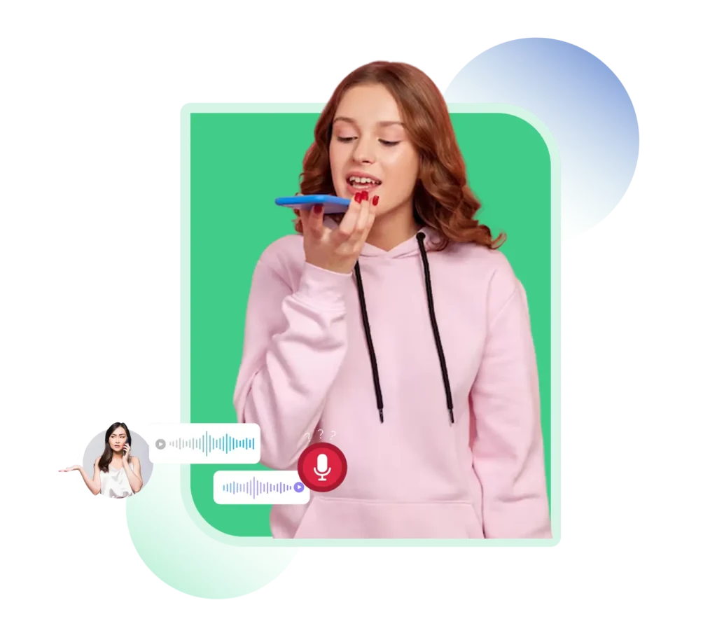 Woman using voice assistant on smartphone symbolizing CRM integration and automated customer communication.