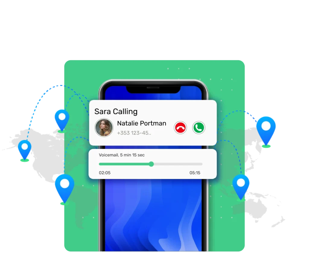 Smartphone showing real-time call notification from Dialinger with caller ID and voicemail playback interface