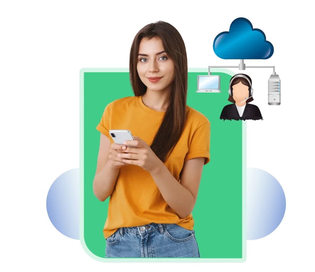 Woman using mobile phone with cloud-based PBX system icons, representing scalable and flexible virtual phone solutions.