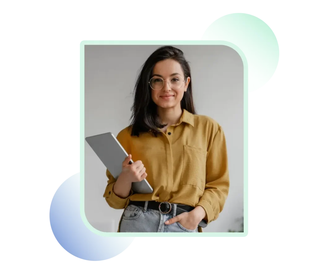 Businesswoman holding a tablet, representing international SMS communication.