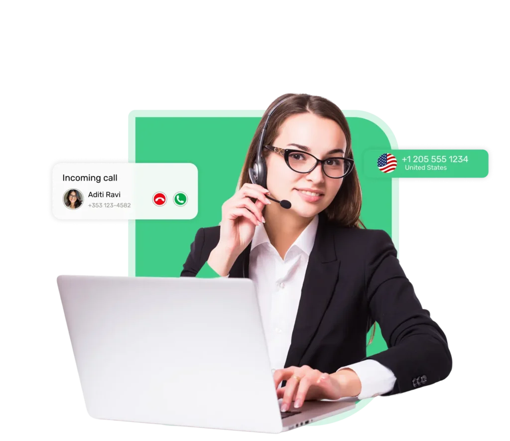 Female call center agent handling restaurant call inquiries using a laptop and cloud phone system.