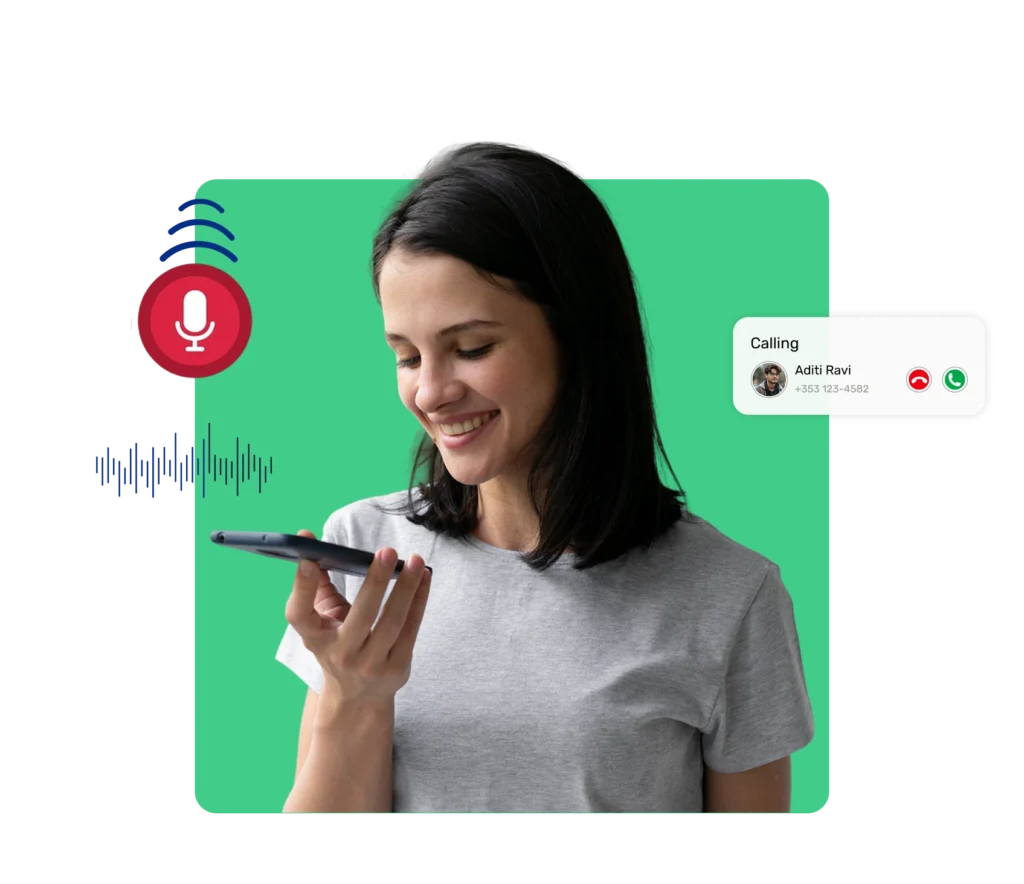 Smiling woman listening to a voice SMS on her smartphone with a calling interface and voice waveform icons.