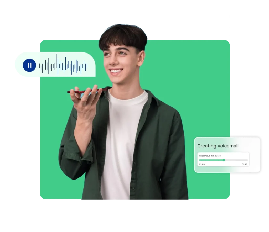 Young professional using Dialinger’s voicemail feature to record a business message on mobile, representing modern communication tools.