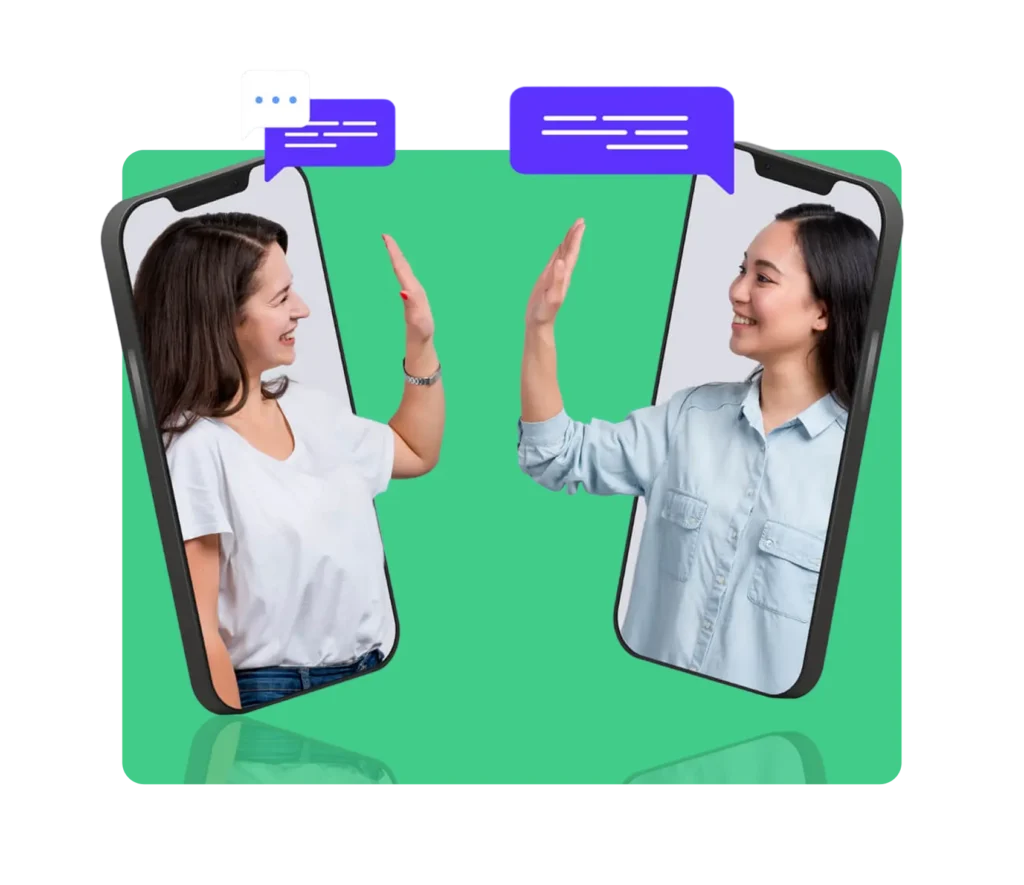Two women high-fiving through phone screens, symbolizing real-time two-way SMS communication.