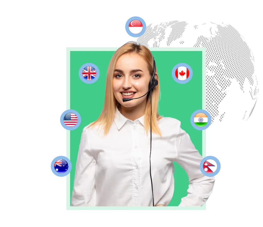 Customer support agent with global country flags and world map background, representing Dialinger's virtual SIM international coverage.
