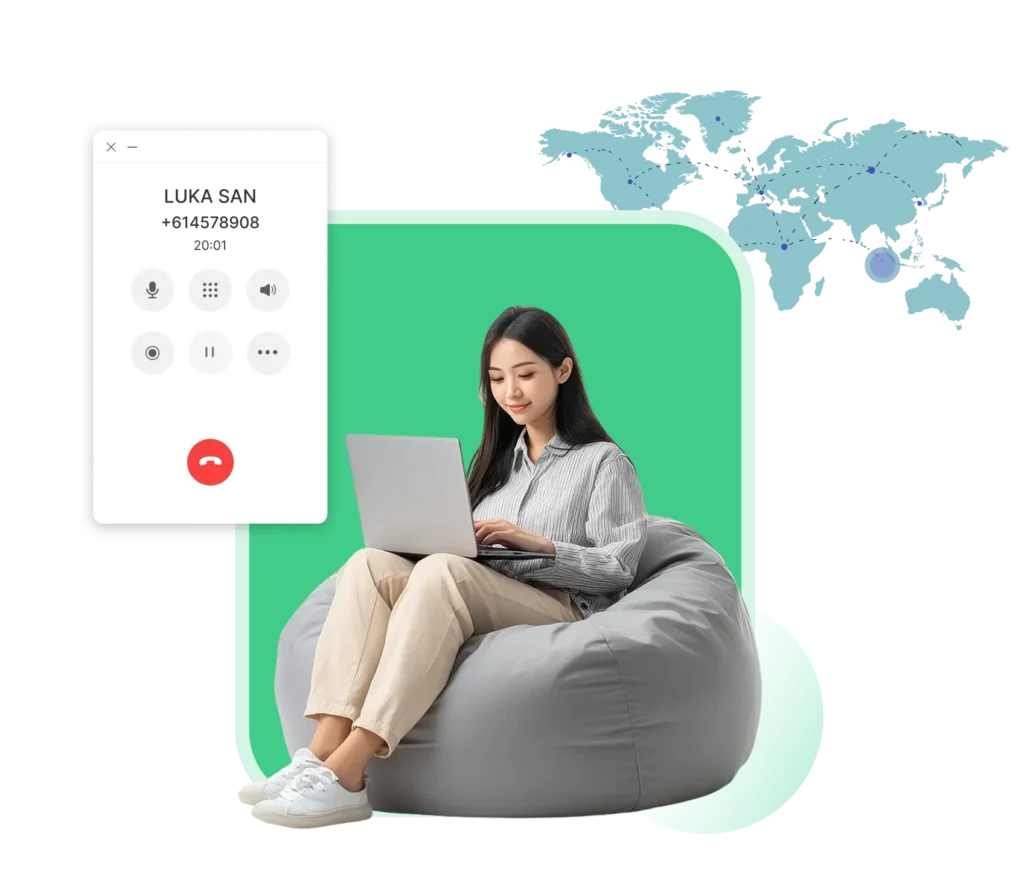 Woman using laptop with global map and call interface, showcasing Dialinger’s SIP Trunking Worldwide service.