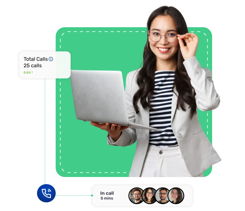 Smiling freelancer using a laptop with virtual call statistics displayed