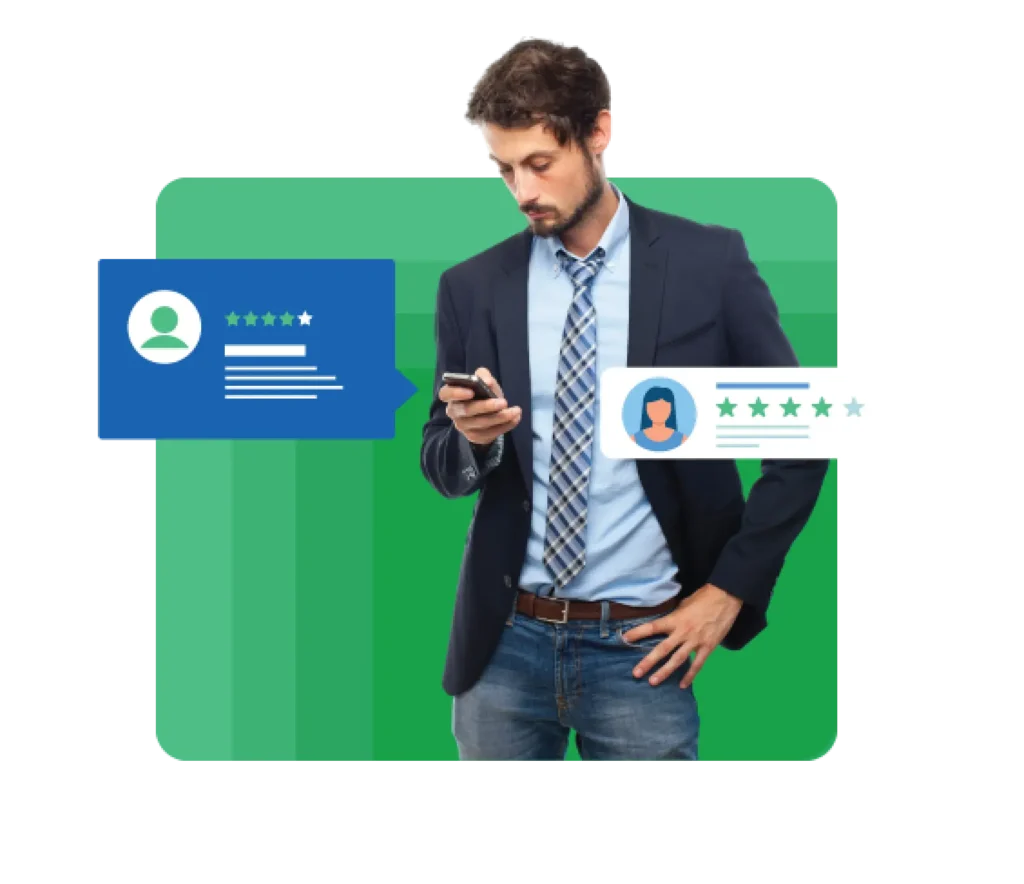 Business communication concept with a professional reviewing feedback on a smartphone.