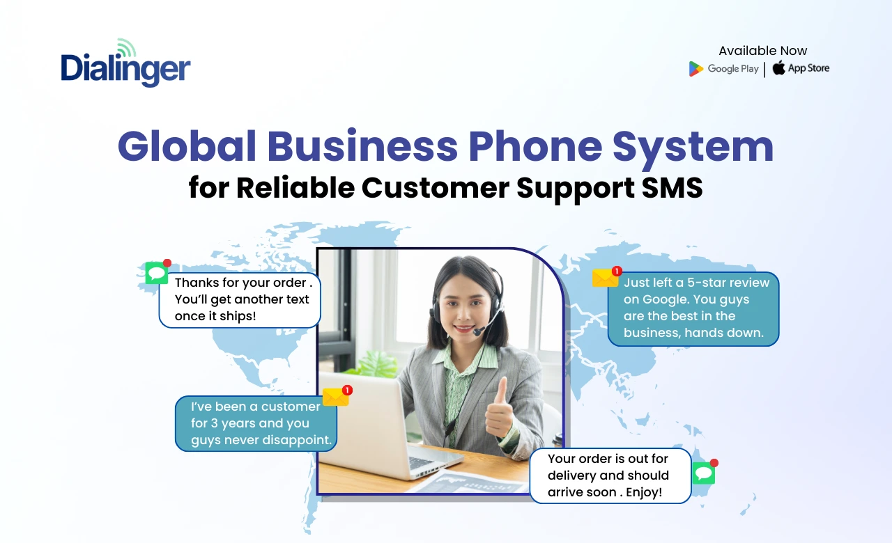 Dialinger global business phone system showing customer support SMS notifications and messaging for international communication.