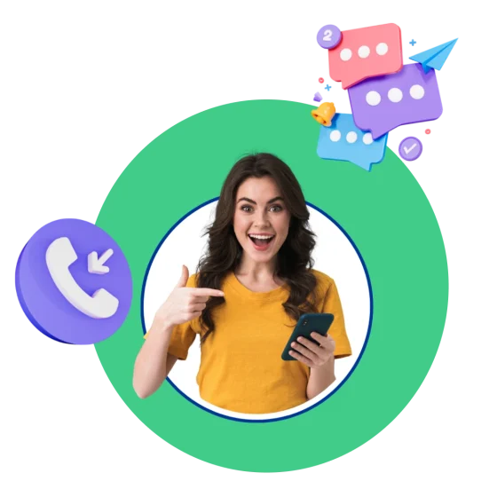 Representation of virtual number for sms & calls with chat and call icons