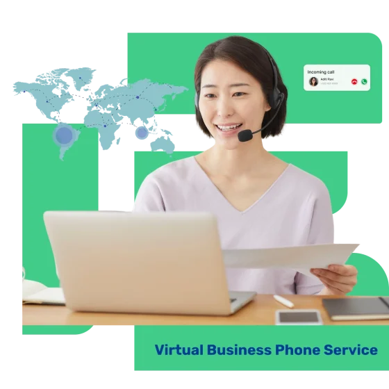 Customer support agent with global map and incoming call interface representing a virtual business phone service.